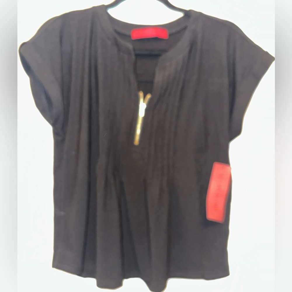 Women’s Love Scarlett Black Pleated Blouse with Gold Zipper, Med